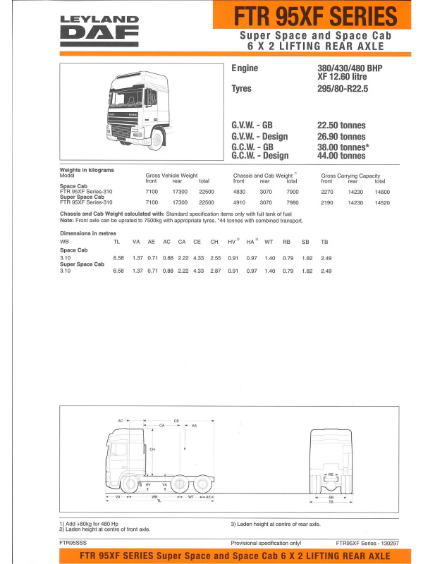 23-0280 brochure technique leyland daf ftr 95xf 6x2 ssc and sc